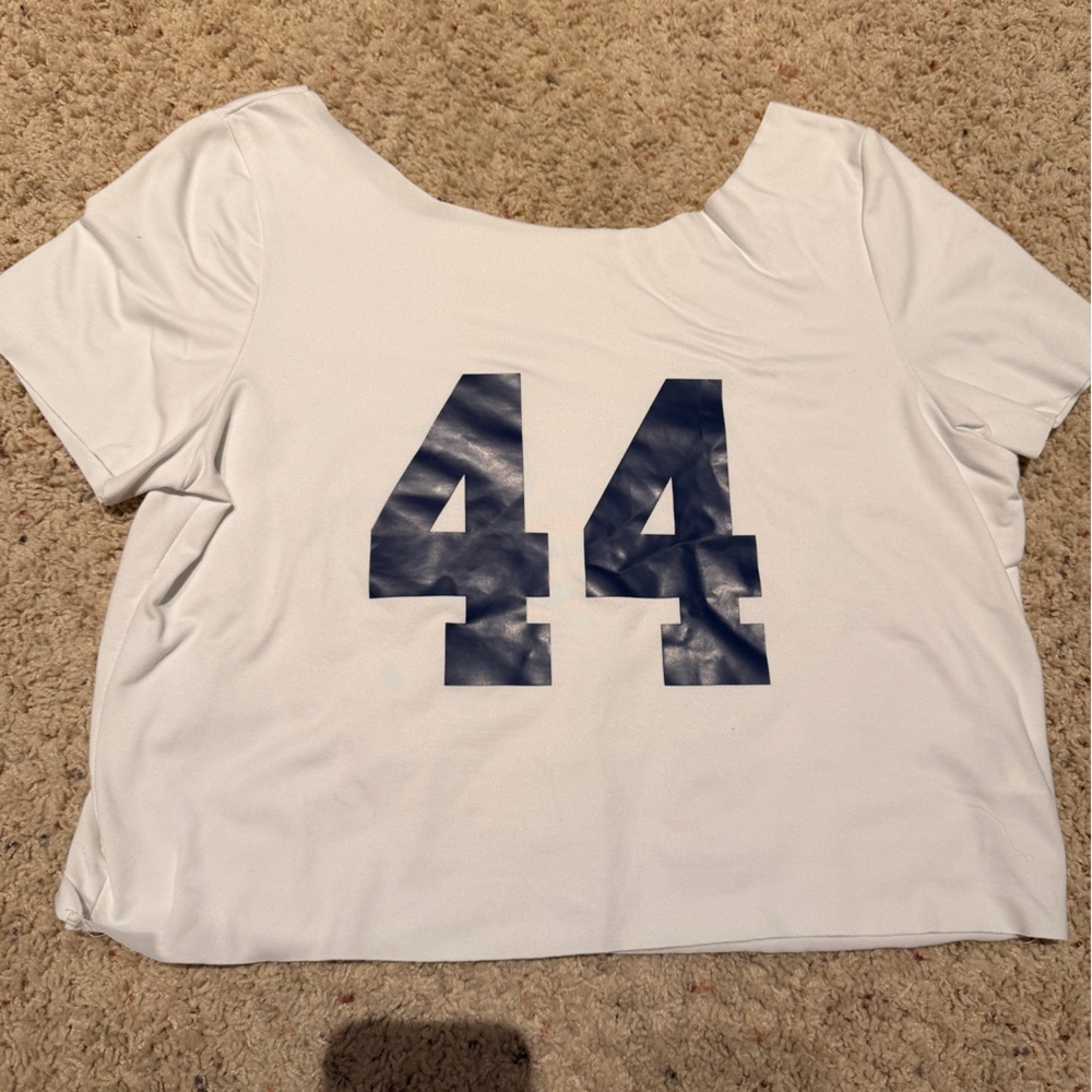 White, off the shoulder, Tee with Navy '44' Graphic